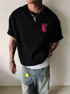 Street Style Mens T-Shirt Summer Heavyweight Pure Cotton Short Sleeve Fake Pocket Small Collar Versatile Breathable Casual Top