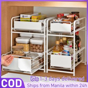 Kitchen Undersink Organizer Rack: 2-Layer Under Sink Storage Cabinet & Sliding Drawer Spice Racks