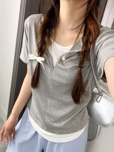 Half Zip Slimming Fake Layered T-shirt
