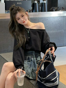 Black Sweatshirt Womens Spring Autumn New Style Popular Casual Small Size Shoulder Exposure Top High Quality Short Length Korean Style
