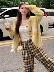 Korean Style Lazy Yellow Long Sleeve Knitted Open Cardigan Women plus Size Soft Outerwear Spring Autumn Design Sensation Small Audience