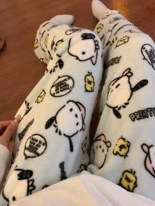 กางเกงนอนผ้าขนแกะทรงหลวมสำหรับผู้หญิงในฤดูใบไม้ร่วงและฤดูหนาว กางเกงขายาวผ้าขนแกะหนา อบอุ่น ใส่ไปเดินเล่นในบ้าน กางเกงขายาวผ้าขนแกะสำหรับผู้หญิง