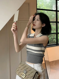 Grey Polo Collar Striped Knit Vest Short Sleeveless Summer Top for Women Casual Wind Style Creative Patterned Fashion