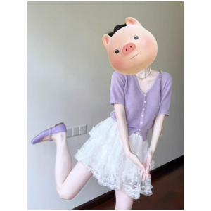 เสื้อสเวตเตอร์ถักแขนสั้นคอวีสีม่วงสำหรับผู้หญิงในช่วงฤดูร้อน เสื้อคลุมเปิดไหล่ทรงสลิมฟิต ทรงเข้ารูป สไตล์เกาหลี แขนสั้น