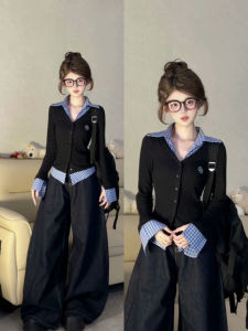 Slimming Plaid Patchwork V-Neck Long Sleeve Base Shirt Womens Top Unique Design Spring Korean Style Short Length T-Shirt