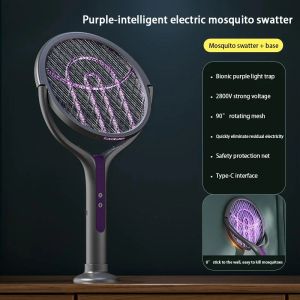 Intelligent Rechargeable Mosquito Swatter 2800V Electric Racket Extension Handle 5-Layer Protection