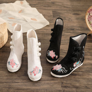 ความสูงสูงสูงสั้น ผ้าฝ้าย รองเท้าบูท ชนเผ่า สไตล์ปักลายดอกไม้ ผู้หญิง รองเท้าบูทแฟชั่นส้นแบนพื้นรองเท้ายางตามฤดูกาล