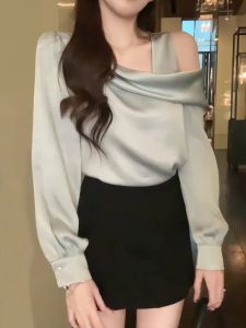 Elegant French Style Satin Shirt Womens Early Autumn New Loose Top Elegant Atmosphere Slant Shoulder Flounce Collar Ladylike