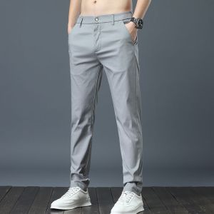 Quần Âu Nam Chất Liệu Lụa Băng Dáng Ôm Vừa Vặn Ống Thẳng Co Giãn Màu Kaki Đen Phong Cách Thể Thao Thiết Kế Đơn Giản