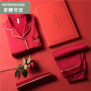Fenteng Care Red Couples Silk Pajamas Long Sleeve Wedding New Year Home Clothes Set for Men And Women Casual Comfortable