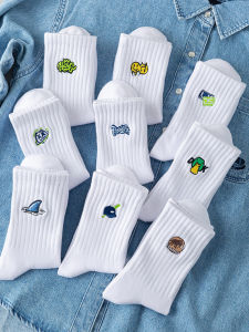 ถุงเท้ากีฬาผ้าฝ้ายแท้สำหรับผู้ชาย ถุงเท้ากลางน่องสำหรับนักเรียนมัธยมปลาย ถุงเท้าผ้าฝ้ายแท้สำหรับนักกีฬาฤดูร้อน สีขาว ถุงเท้าผู้ชาย