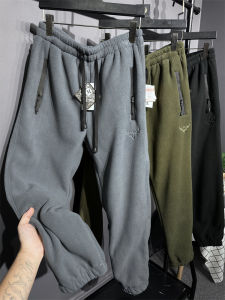 Wood Giant 1.5K Deer Head Embroidery Fleece Plush Mens Solid Color Pressed Glue Casual Pants Autumn Winter Loose Fit Youth Fashion