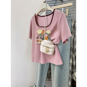 Áo Thun Nữ Tay Ngắn Cổ Vuông Dáng Ôm Mùa Hè Cotton Phong Cách Hàn Quốc Thời Trang Che Bụng Giảm Béo