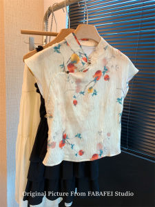 เสื้อเชิ้ตแขนกุดผ้าลินินลายดอกไม้สไตล์จีนใหม่สำหรับผู้หญิง ฤดูร้อน ปี 2024 เสื้อเชิ้ตคอปกจีน กระดุมข้าง แขนกุด ทรงเข้ารูป