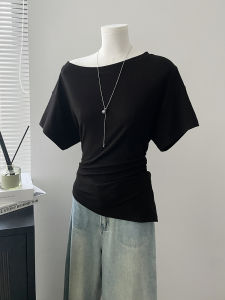 Shoulder Baring Short Sleeve T Shirt Women Summer Slim Fit Waist Cinched Half Sleeve Thin Korean Style Commute Pure Color