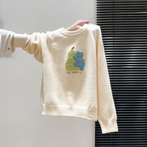 เสื้อสเวตเตอร์ถักคอตั้งแขนยาวสีเทา ทรงหลวม ปักลายหมี แฟชั่นฤดูใบไม้ร่วง/ฤดูหนาว สำหรับผู้หญิง เสื้อชั้นใน เสื้อคลุมกันหนาว