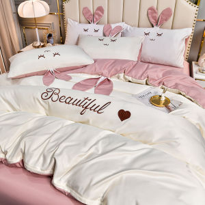 Korean Style Summer Silk Slip Duvet Cover set 4 Pieces for Girls with Embroidered Bed Sheets in Contrast Color