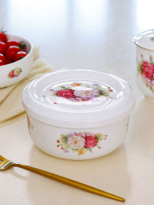 Heatable Ceramic Bowl Soup Bowl Sealed Lid Microwave Safe Bone China Noodle Bowl Family Use Rice Box Court Style Pattern