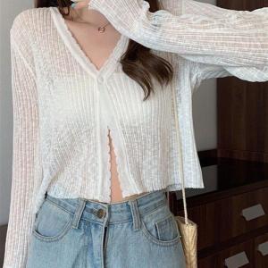 Lightweight Knitted Open Cardigan Womens Summer V-Neck Ice Silk Loose Outerwear Sun Protection Short Top Long Sleeve