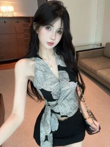 GUZILIAN | Retro Floral Print Cross V-Neck Halter Vest Women Summer Tie Waist Slimming Outerwear Shirt Short Length Korean Style