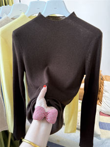 เสื้อสเวตเตอร์ถักผ้าขนสัตว์คอปกสูงครึ่งตัวแขนยาวสีพื้นสำหรับผู้หญิง เสื้อเชิ้ตชั้นในลำลองสวมใส่สบาย สไตล์เรียบง่าย