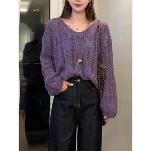 QINGNAER | Cozy Purple Loose Slimming Elegant V-Neck Knit Sweater