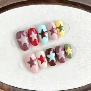 10pcs Handmade Multi-color Star Press on Nails Short oval Wearable Reusable Trendy False Nails 2026
