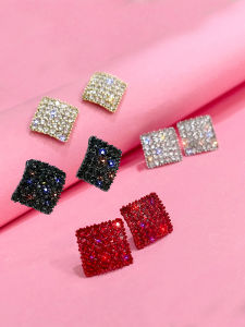 Red Full Diamond Geometric Diamond Ear Studs Womens Japanese and Korean Simple Stylish Elegant Fancy Color Rhinestone Earrings Earrings