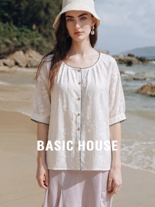 Basic House | French Embroidered Round Neck Laced Loose Short Sleeve Shirt