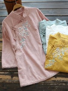 New 2025 Womens Cotton Linen Embroidered Shirt Chinese Style Stand Collar mid Sleeve Zen Tea Service Ethnic Fashion Top