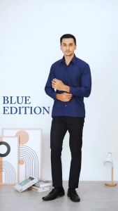 BOSS Kemeja Polos Pria Lengan Panjang Biru Navy