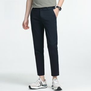 ROMON | Lormen Mens Casual Khaki Cotton Summer Thin Business Slim Straight Leg Pants Elastic Nine-Foot Trousers Youthful Vitality Style