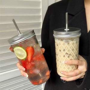 Ins Style Clear Glass Cup With Straw Lid Large Capacity Heat Resistance Boba Milk Tea Glasses Coffee Mug Juice Cold Drink Cup