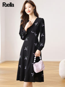 puella | Elegant Black Long Sleeve High Waist Slim Fitting Dress