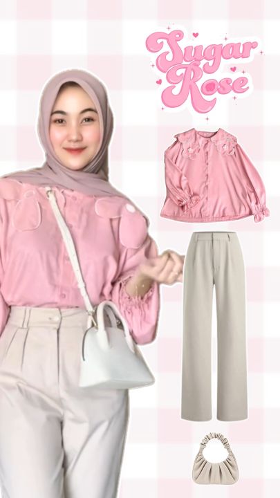 one set outfit remaja 3in1 Blouse dusty Pink Celana Ivory