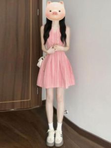 CHANGTONG | French Style Sleeveless Pink Vest Dress Womens Summer Slimming Short Skirt High Waist Zipper V-neck A-line Striped Dress