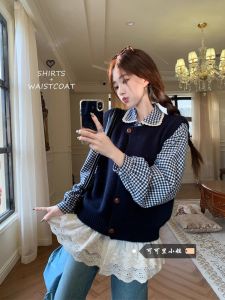 Korean Style Long Sleeve Plaid Lace Trim Knitted Vest Womens Fashion Set Summer New Arrival Two Piece Suit for Young Ladies