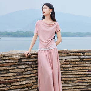 Casual Lace Splice T-shirt Skirt Set Womens Grey Summer New Style Half-length Sleeve Round-neck Two-piece Fashion Ensemble