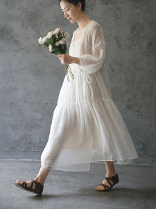 Elegant White French Cotton Lin Dress Summer Thin Style Age-Defying Design Sensation High-End Atmosphere Commute Vintage Style