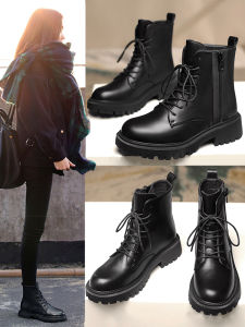 British Style Thick Bottom Martin Boots Womens Short Zipper Side Autumn Single Boot Winter New Fleece Lined Cotton Boot