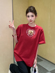 Love Bear Hollow out Short Sleeve T-Shirt Loose round Neck Womens Spring New Style Simple Commute Creative Cotton Blend Top