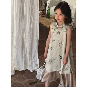 New Chinese Style Childrens Cheongsam Skirt for Girls Big Kids Traditional National Fashion Daily Dressing Lake Success