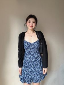 Sweeter Curvier MM V-Neck Ruffles Blue Floral Waist-Tying Dress Knit Open Cardigan Two-Piece Set For Women