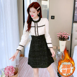 Womens Fleece Lined Winter Dress A-Line Midi Skirt Commute Style round Neck Zipper Closure Long Sleeve Mid-Length Korean Fashion
