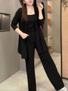 Spring 2025 plus Size Fashionable Three-Piece Set Womens Loose Top Strap Casual Pants Ensemble Versatile Slimming Ensemble