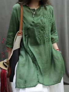 New Chinese Style Loose Fit Casual Linen Shirt Womens Button up Top Summer Slimming Vintage Cotton Linen Blend Blouse