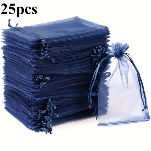 25 Chiếc Túi Quà Tặng Organza Màu Xanh Hải Quân Có Dây Rút Túi Lưới Đựng Trang Sức Đám Cưới Sinh Nhật Ủng Hộ Túi Kẹo Có Thể Gập Lại