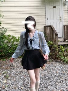 Blue Shirt And Skirt Set Womens Spring Autumn 2025 New High-End French Style Half-length Skirt with Lace Hem Two-piece Set