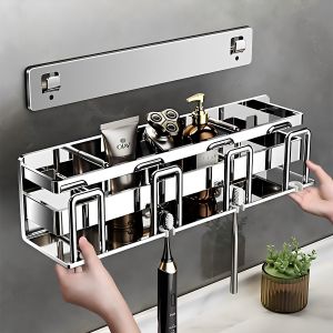 Wall-Mounted No-Drill Toothpaste and Toothbrush Organizer Stainless Steel High-End Shelf