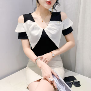 REHIN 2024 Summer New Bow Tie Off-Shoulder Short Sleeve T-Shirt - Comfortable and Stretchy Elegant Womens Top